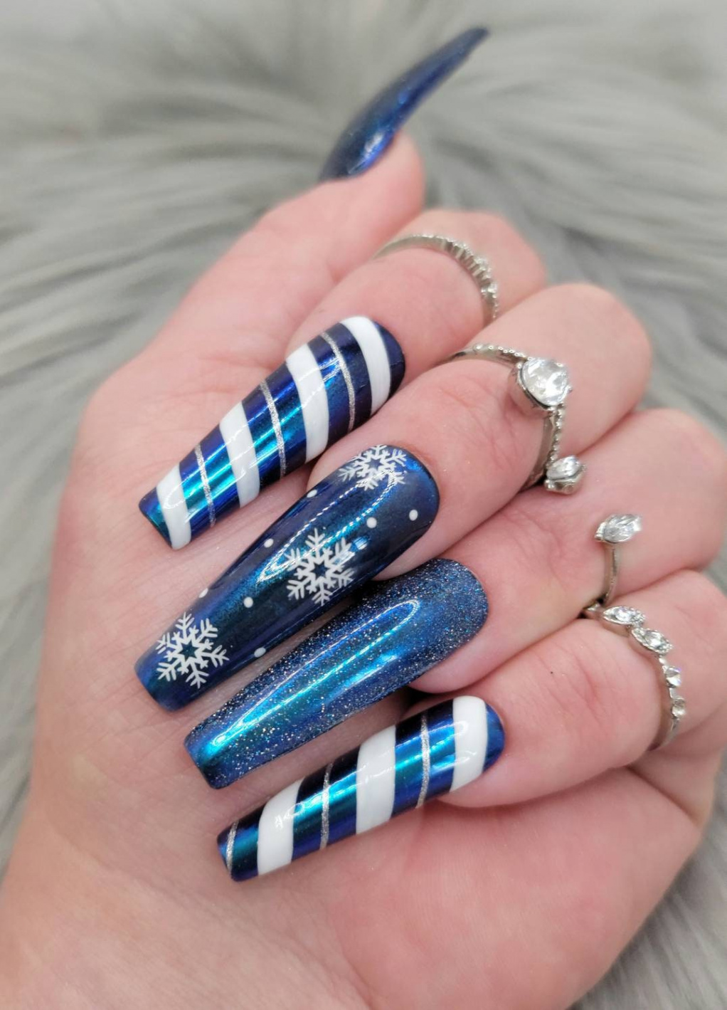 Christmas press on nails, blue chrome with snowflakes, reflective