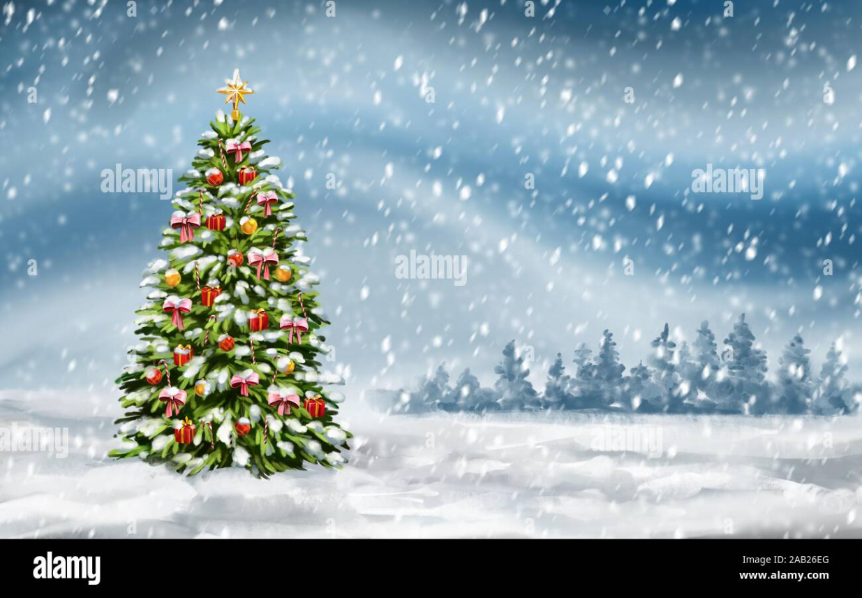 christmas tree on winter background, Decorative Christmas