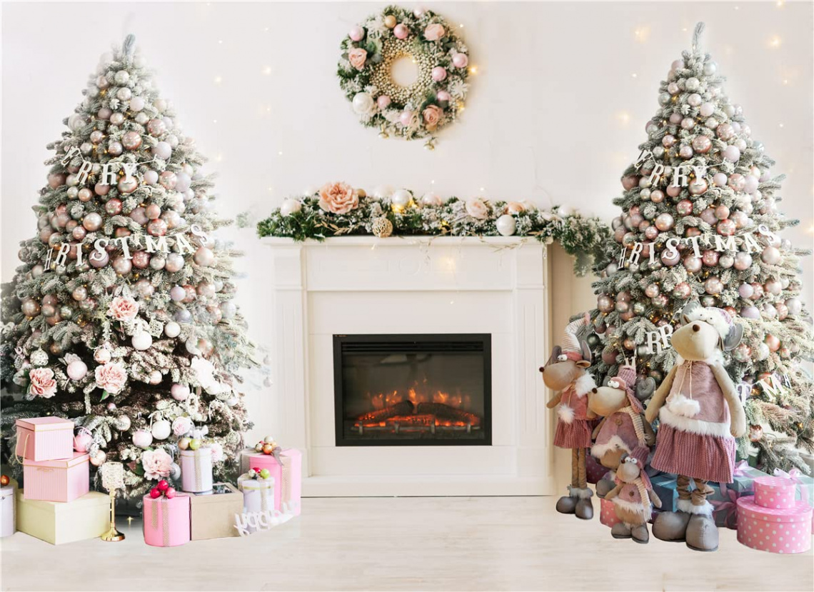 Christmas Trees Background Xmas Day Cotton Material Fireplace Photo  Background Photo Studio Baby or Pets Portraits Photography (W-,  x   ft (