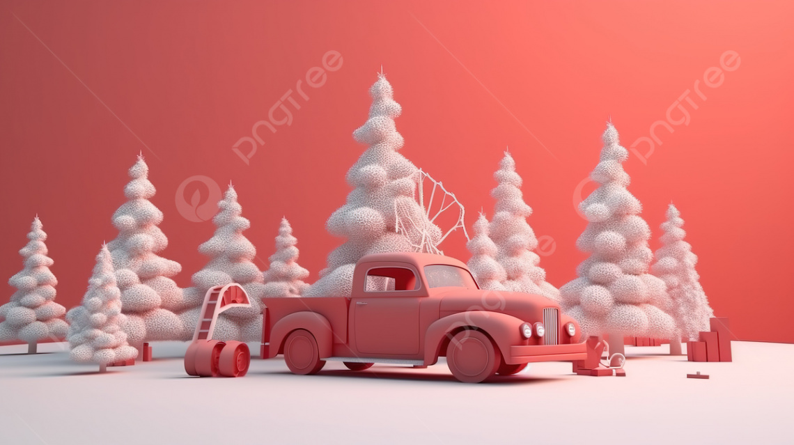 Christmas Truck In A Christmas Scene With Pink Trees Background