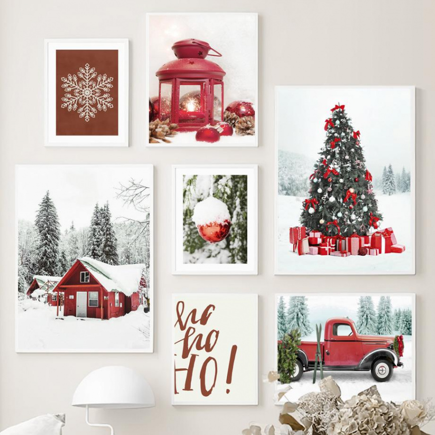 Christmas Wall Art Poster Picture Christmas Tree Vintage Car Red Light  Printing Canvas Painting Living Room Decor Home Decor