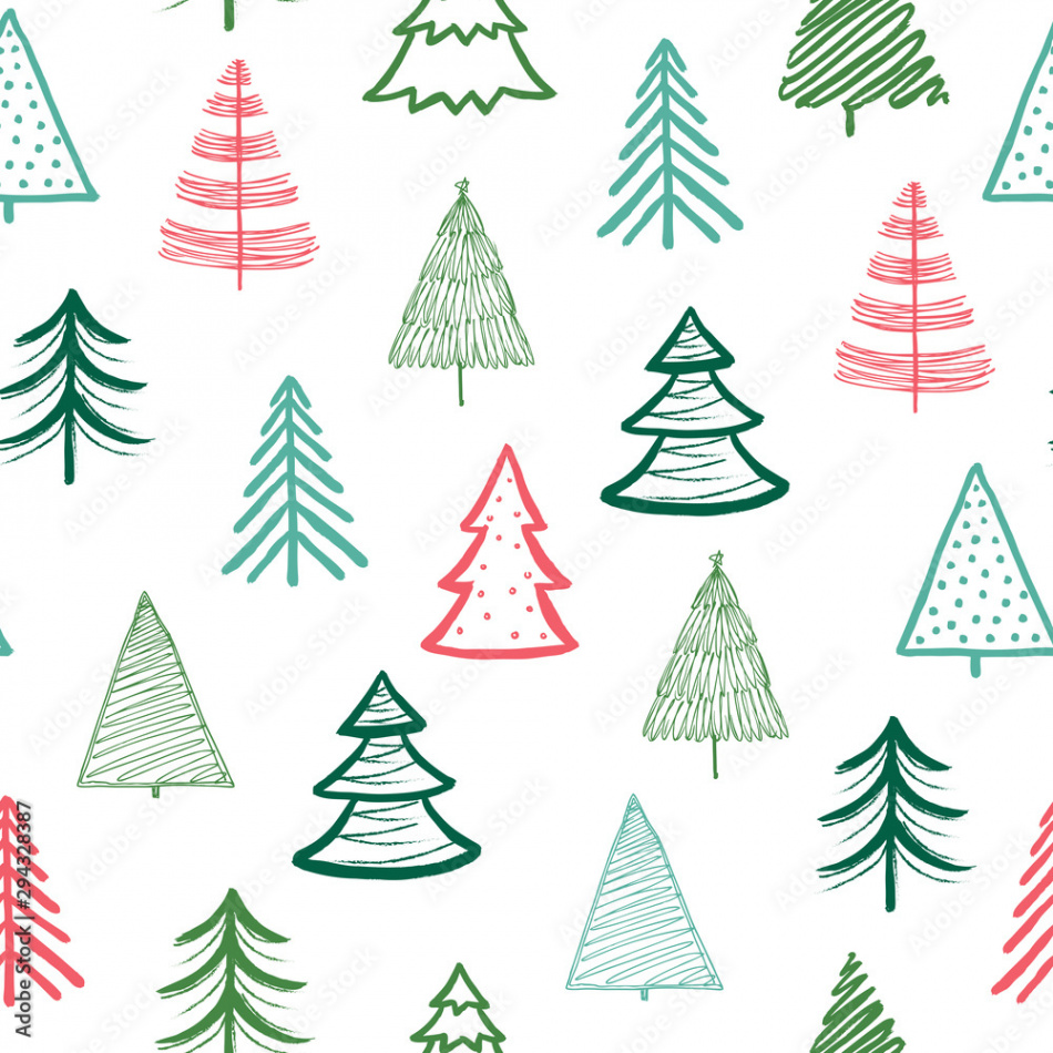 Doodle fir-tree pattern. Christmas tree handmade wallpaper