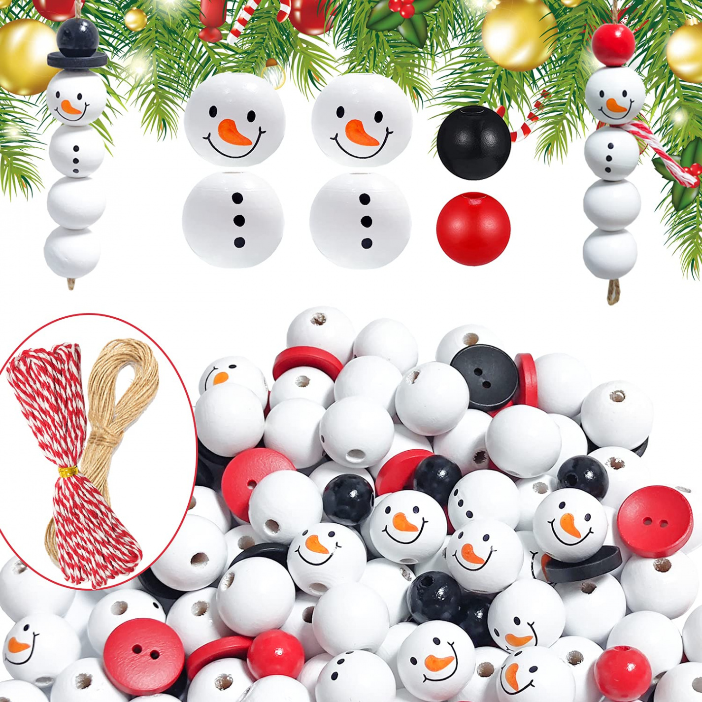 Doumeny Pack of  Christmas Snowman Wooden Beads Winter Wooden Beads  Christmas Craft Wood Round Beads White Red Black Loose Beads Snowman Wooden
