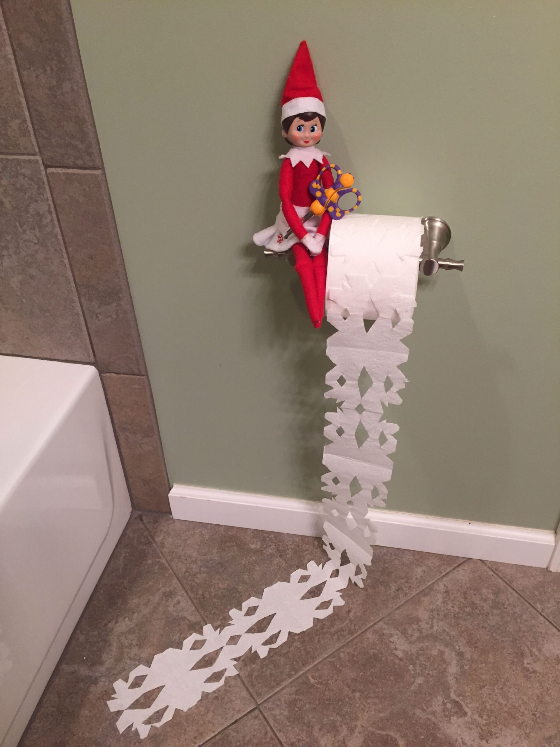 Elf on the shelf day !! Jingle Bell made toilet paper snowflakes