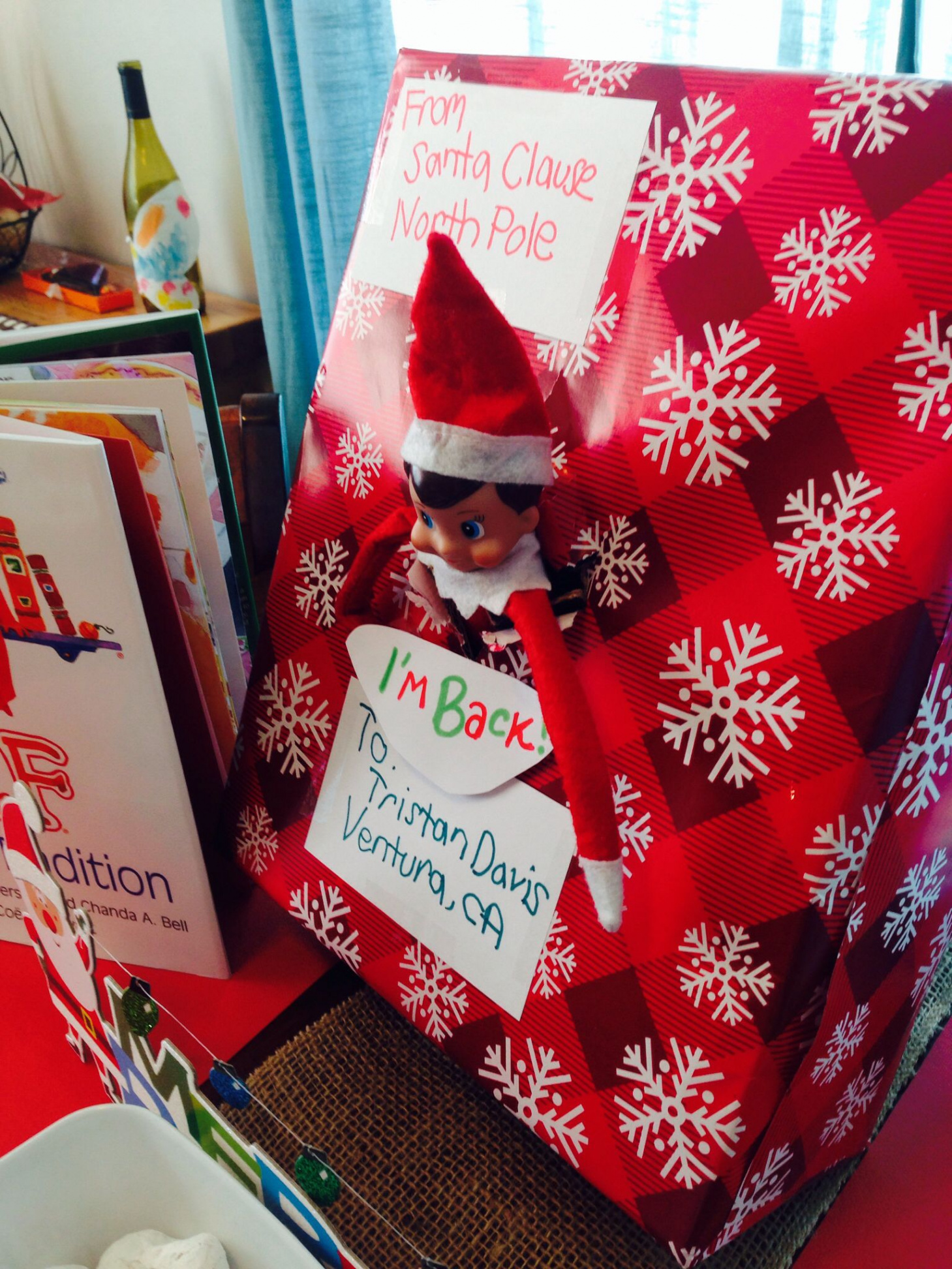 Elf on the Shelf - first day back! Write with your left hand, in