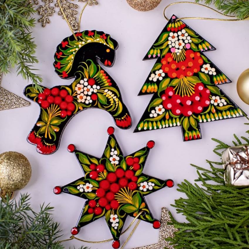 Exclusive Wooden Tree Decoration, Handmade Christmas Tree Decoration,  Horse, Star, Christmas Tree, Hand-Painted According to Ukrainian Tradition,