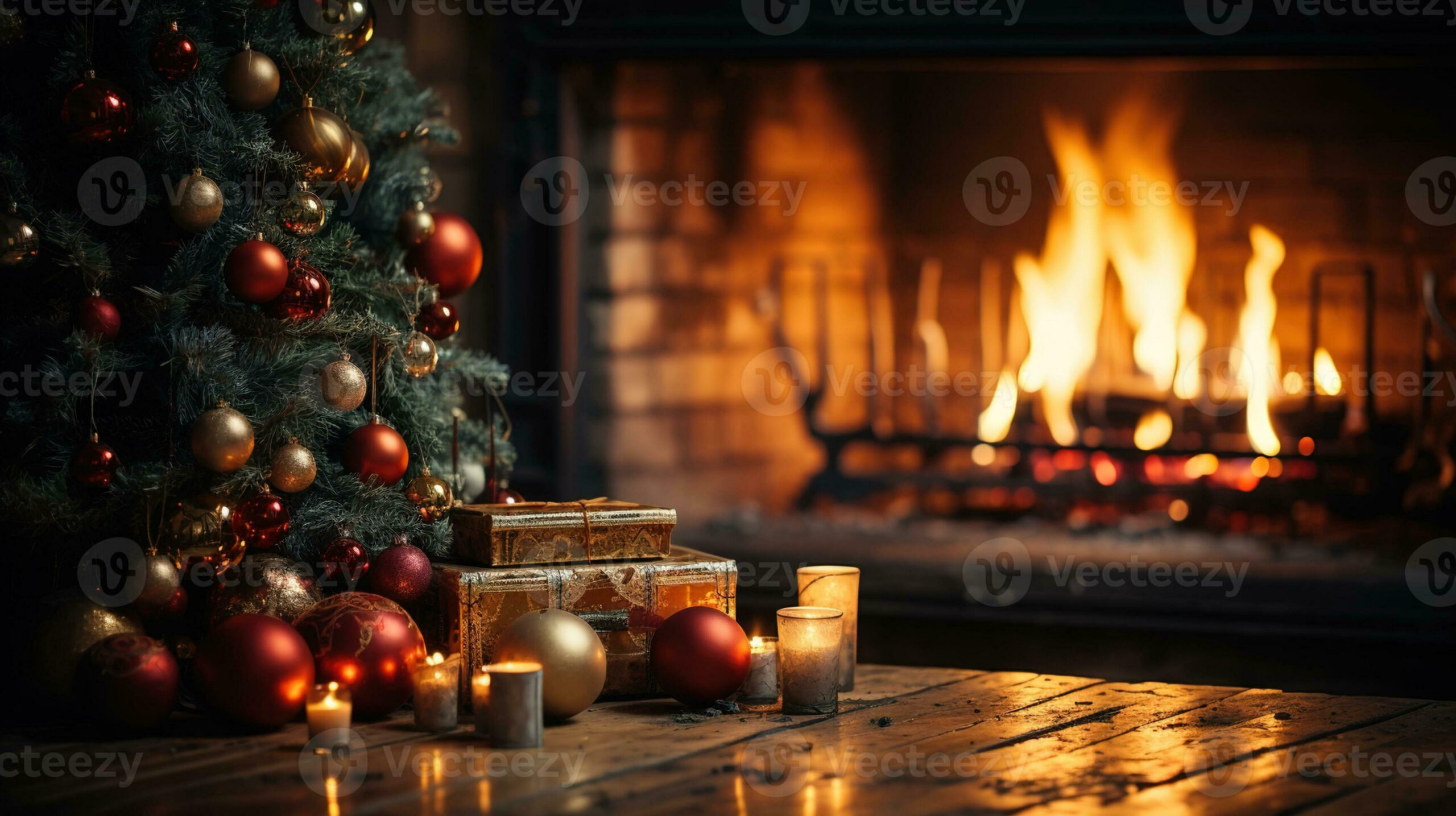 Festive Christmas Tree with Fireplace Background, Cozy Holiday
