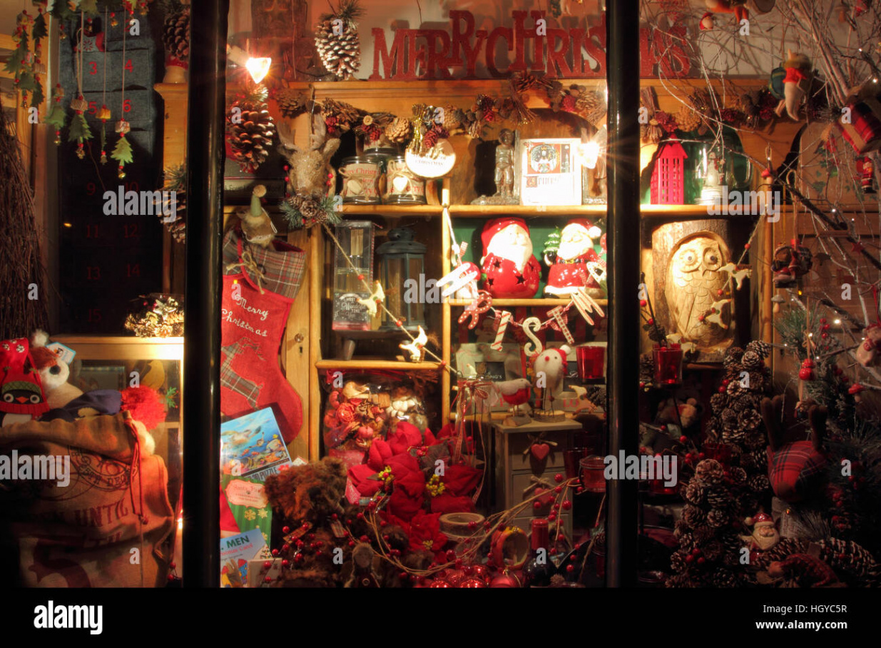 Festive goods for sale in a vintage style shop window display at