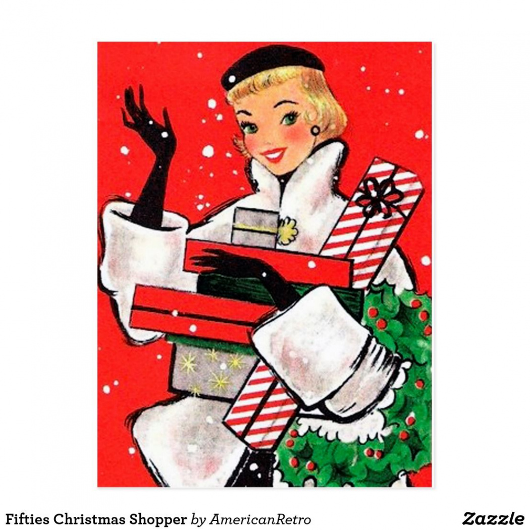 Fifties Christmas Shopper Postcard She