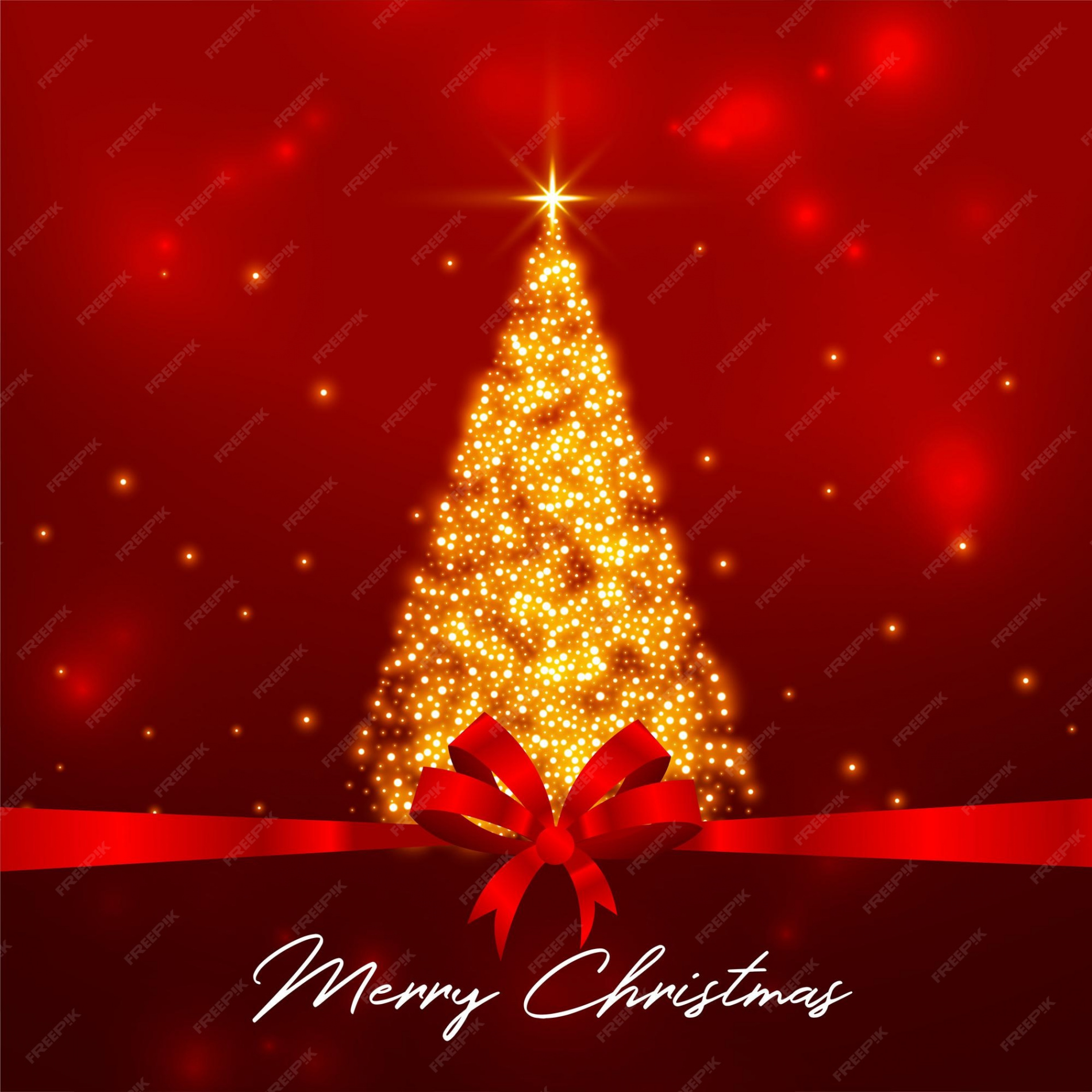 Free Vector  Sparkling christmas tree on red background with ribbon