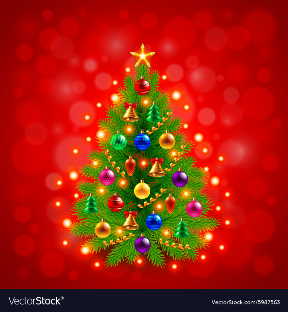 Green decorated christmas tree on red background Vector Image