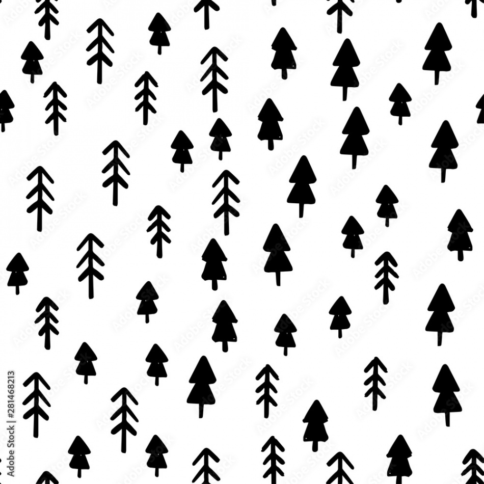 Hand draw Christmas Tree Seamless Pattern in black and white