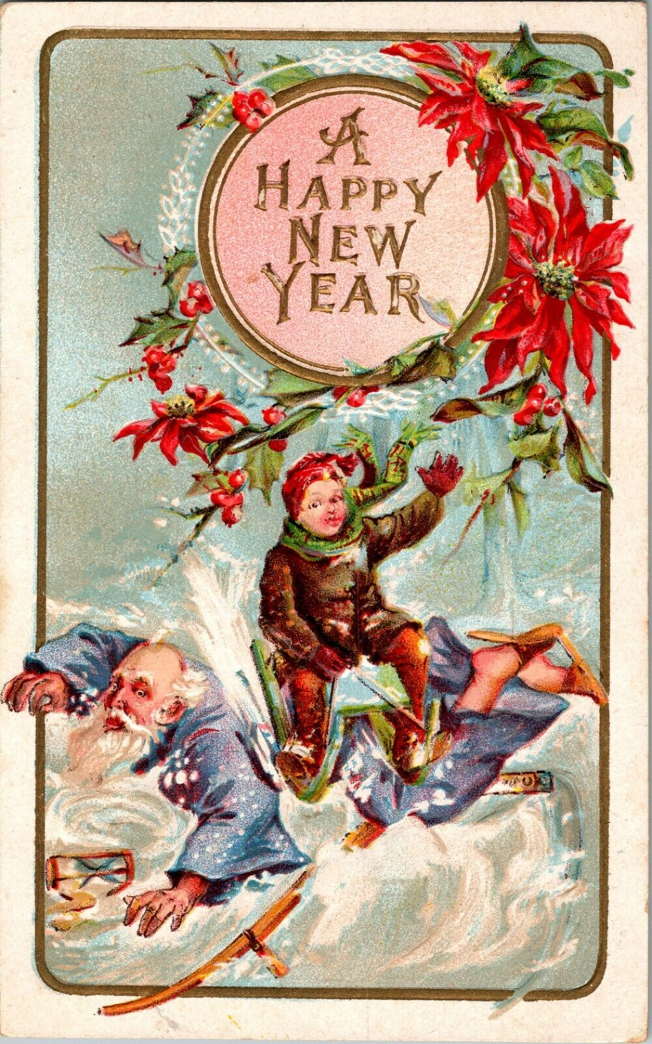 Happy New Year, Child Sleds Over Father Time Embossed Vintage