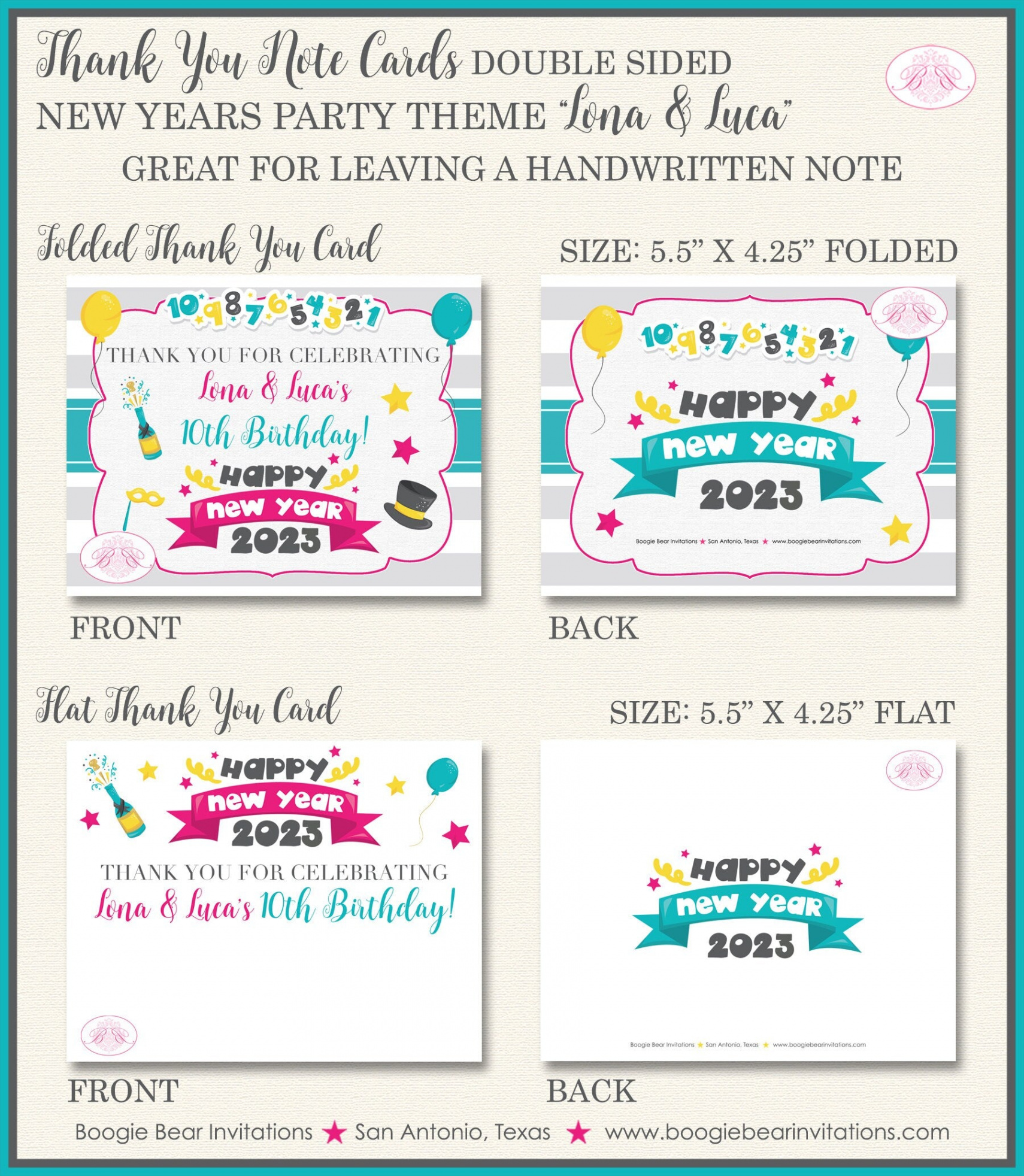 Happy New Years Party Thank You Card Note Tag Birthday Boy Girl Sibling  Twins Kids Pink Blue Boogie Bear Invitations Lona Luca Theme Printed