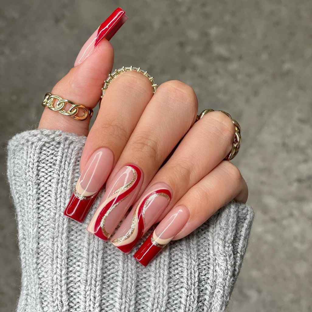 Holiday Party Long Square Red Winter Press On Nails – RainyRoses