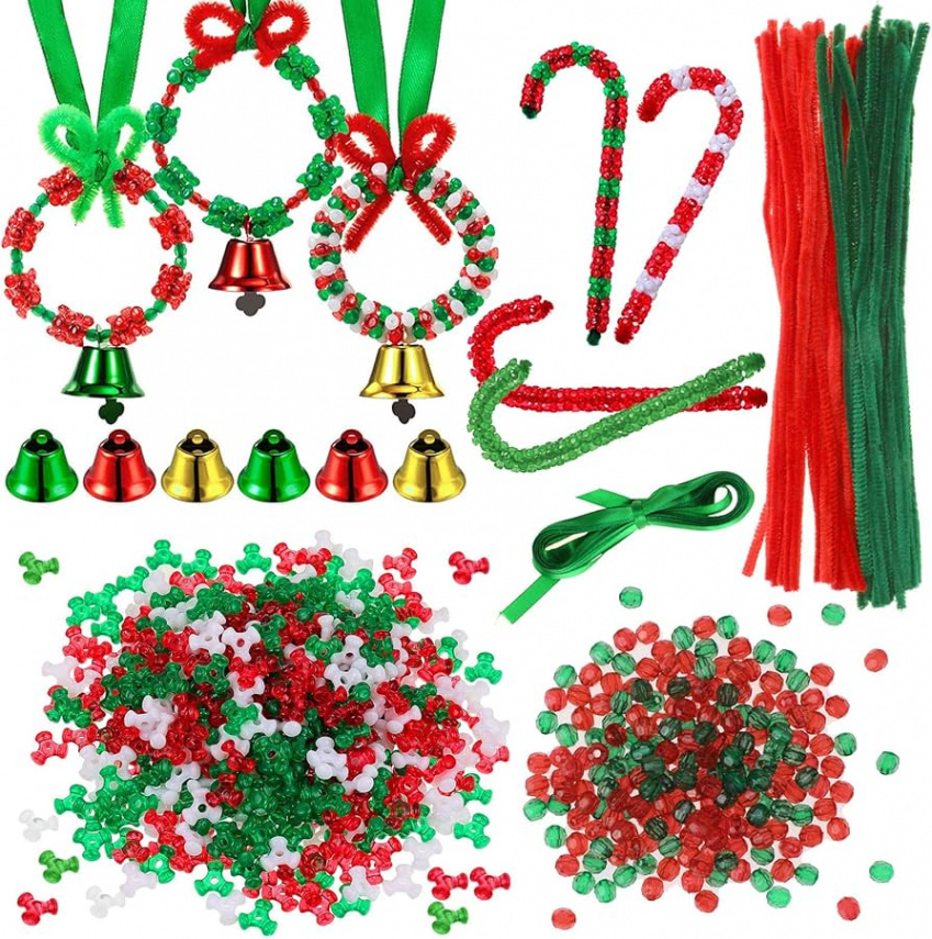 HOWAF  Pieces Christmas Craft Set for Children, Christmas Beads Plastic  Tri Beads,  Pieces Pipe Cleaners Chenille Handle,  m Green Ribbons,