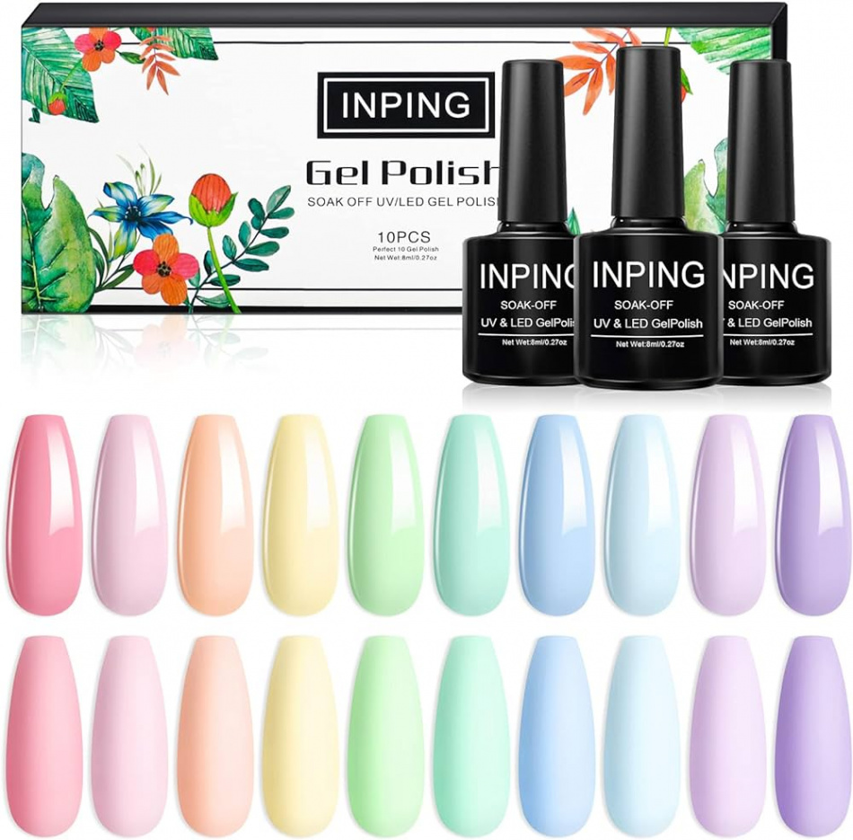 INPING UV Nail Polish Pastel, Pack of  Spring Summer Macaroons Pastel Gel  Nail Polish, Pink Blue Yellow Purple Grey Candy Colours Gel Nails for