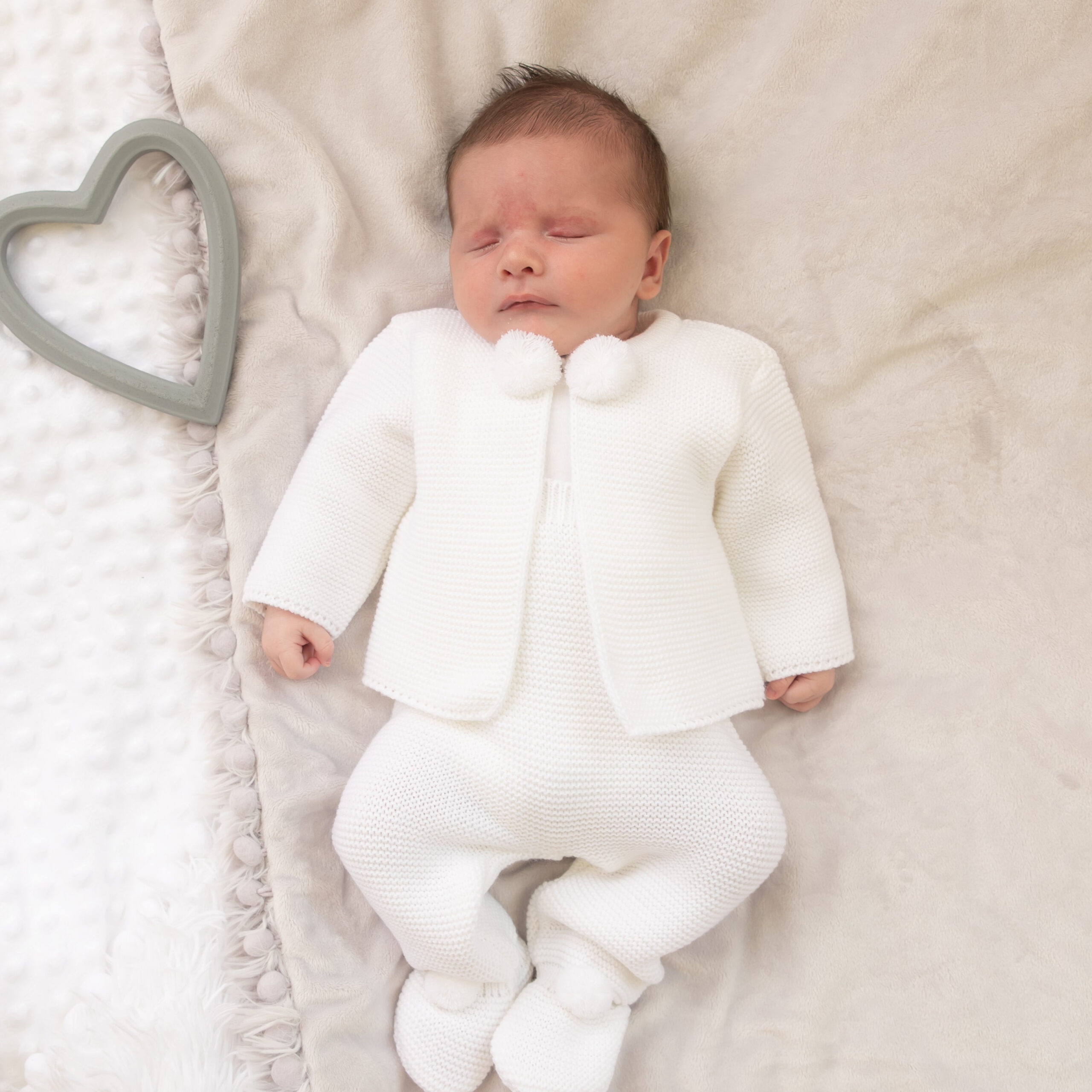 Knitted Baby Pom Pom Outfit In White  Millie & Ralph