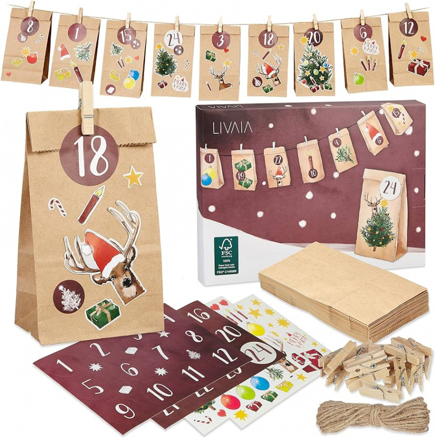 LIVAIA Advent Calendar to fill at home: Beautiful advent calendar for  filling yourself with  bags, stickers and numbers stickers, DIY advent