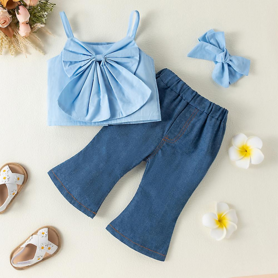 Newborn Baby Girl Outfit Sleeveless Bow Crop Top + Denim Flared