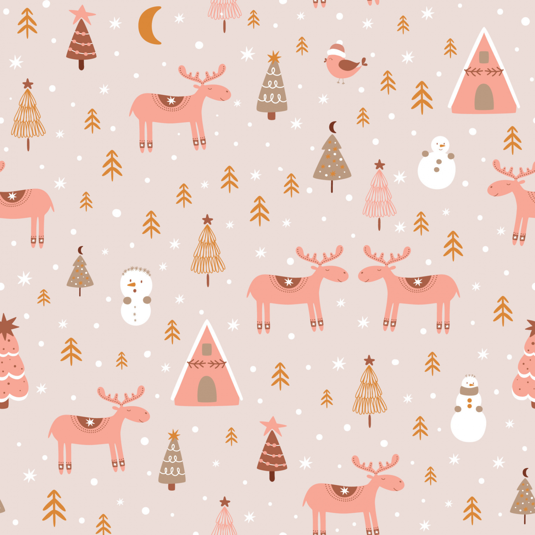 Pink Christmas pattern. Christmas deer in forest