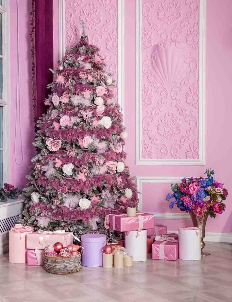 Pink Christmas Tree On Pink Wall Corner For Holiday Backdrop
