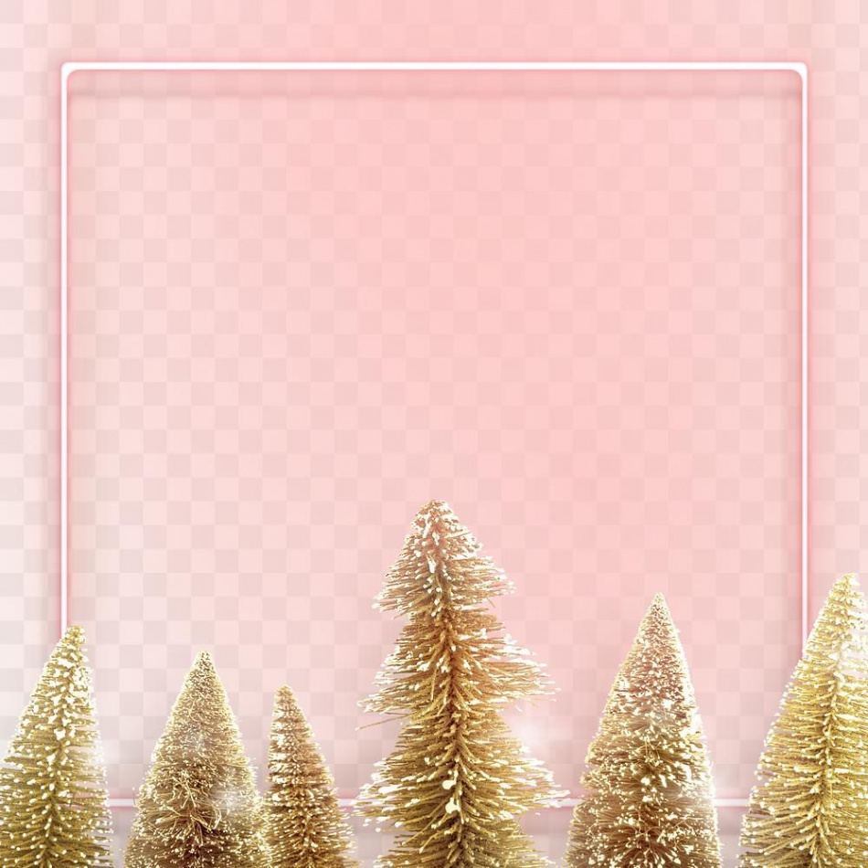 Pink neon frame with gold Christmas trees background transparent