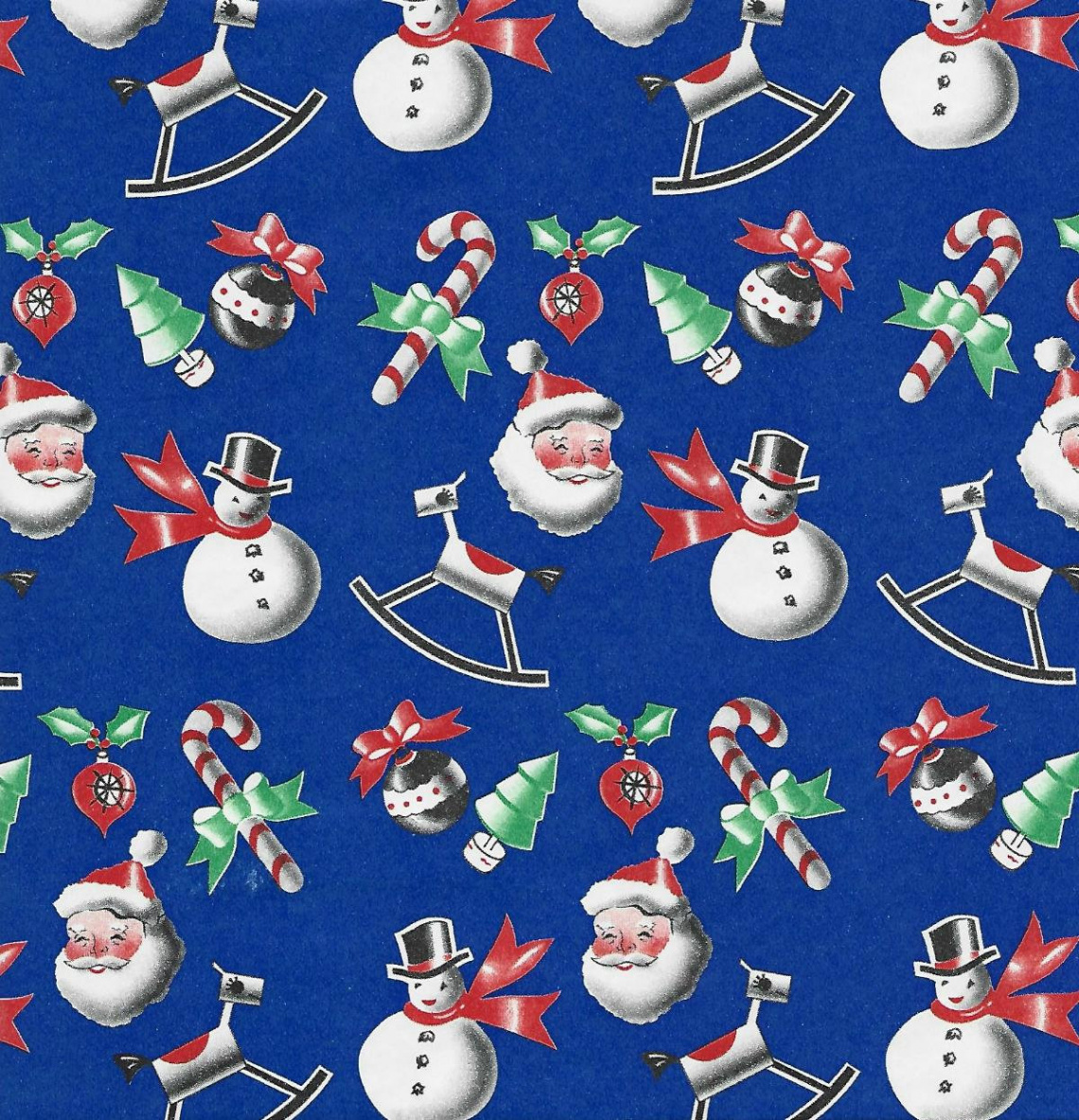 s Christmas Wrapping Paper/Tissue Paper Santa Face Snowman Candy Canes  Ornaments on Blue Vintage Christmas Gift Wrap One Flat Sheet