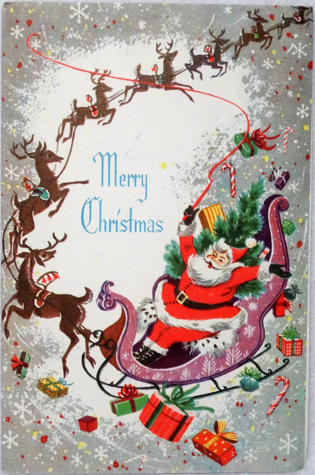 s Mid Century Santa & Reindeer-Sleigh-Vintage Christmas Card