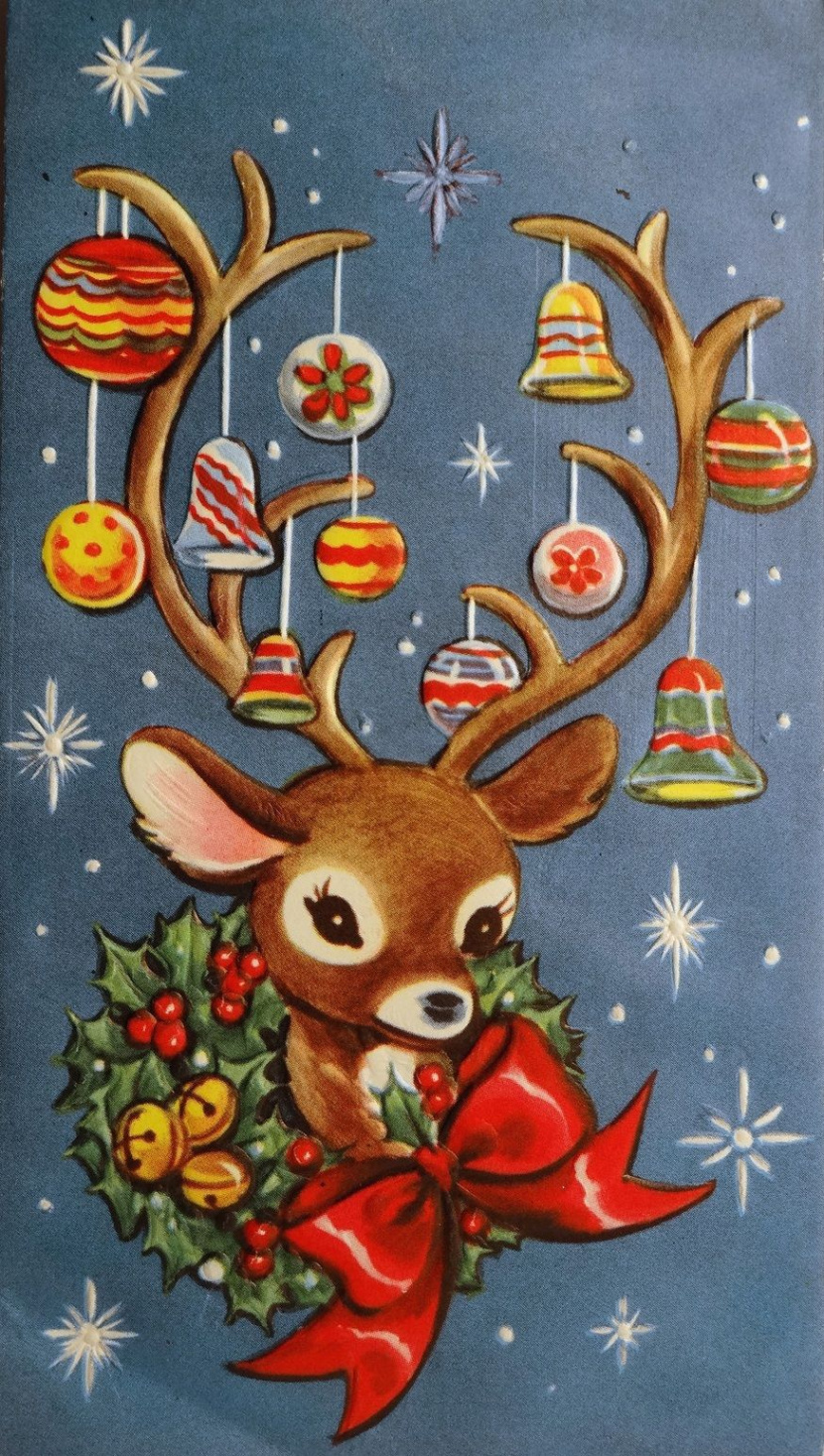 s reindeer Christmas card  Vintage christmas cards, Christmas