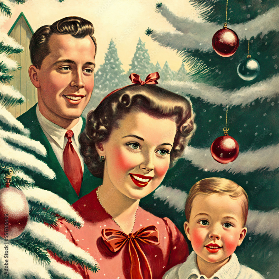 s vintage christmas card of a fictional family decorating a