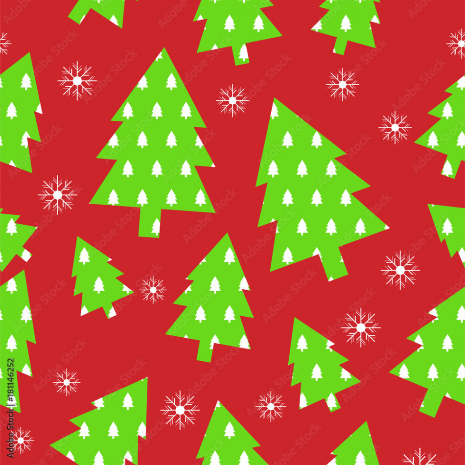 Seamless pattern green christmas tree and white snow flakes on red