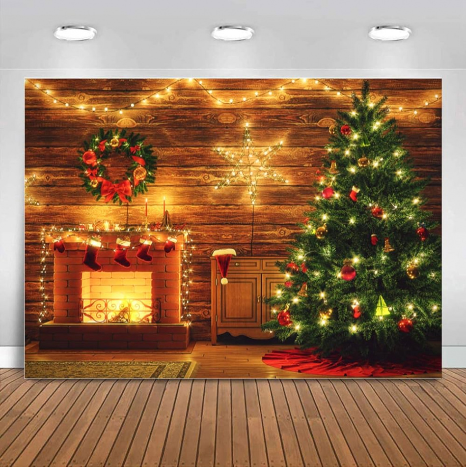 Sensfun Christmas Fireplace Backdrop for Photography, Rustic Wooden  Christmas Tree Golden Glitter Wooden Wall Christmas Decoration Backdrop  Holiday