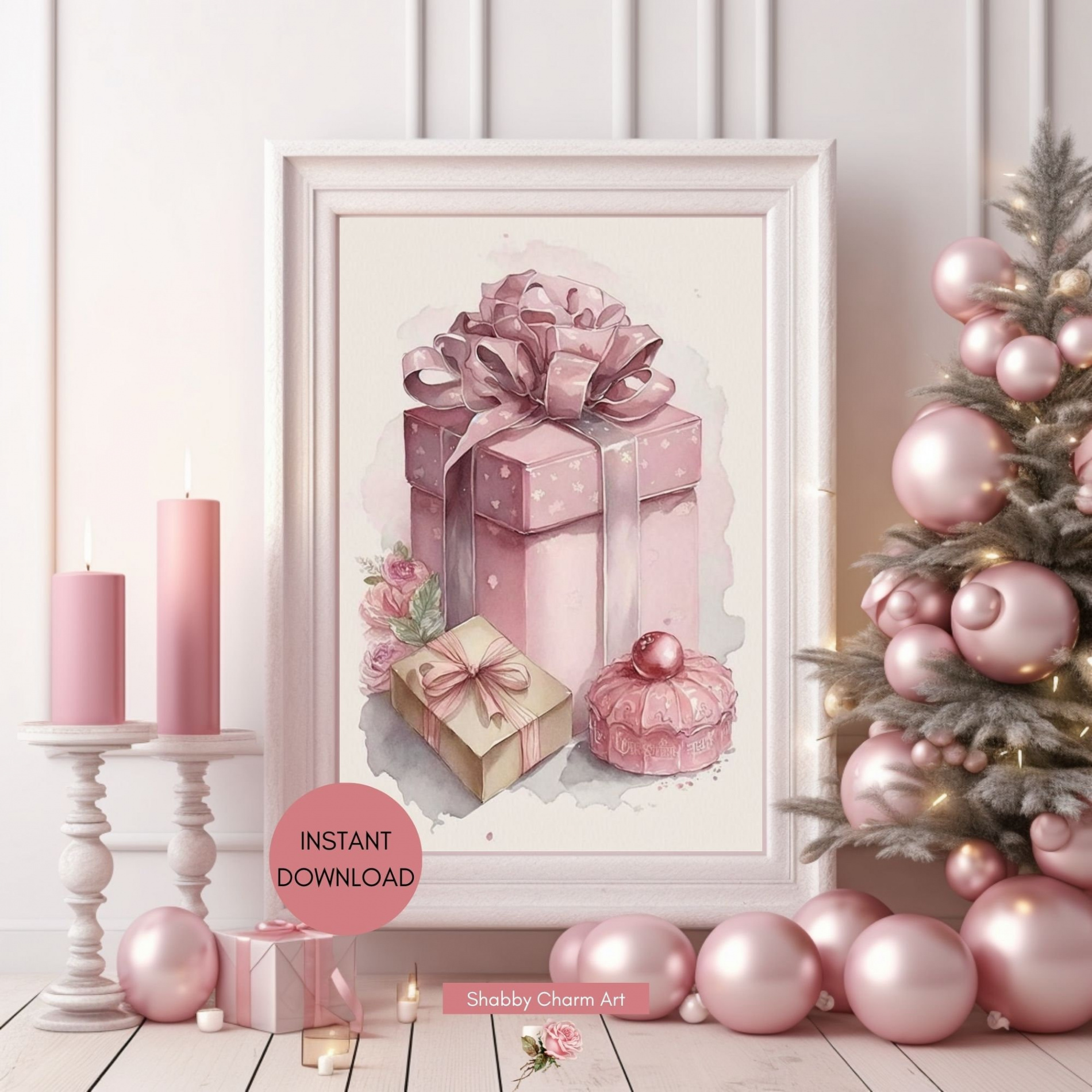 Shabby Chic Pink Vintage Style Christmas Pink Present Wall Art - Instant  Digital Download Printable - Holiday Decor - Watercolor Gift Print