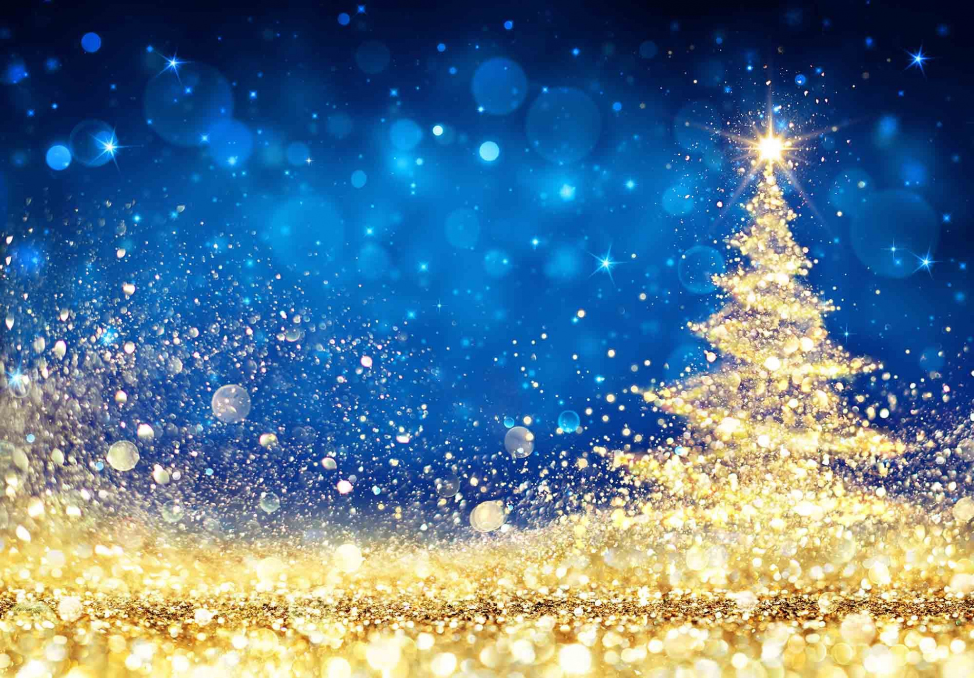 Shiny Christmas Tree - Golden Dust Glittering In The Blue Background  Backdrop - .