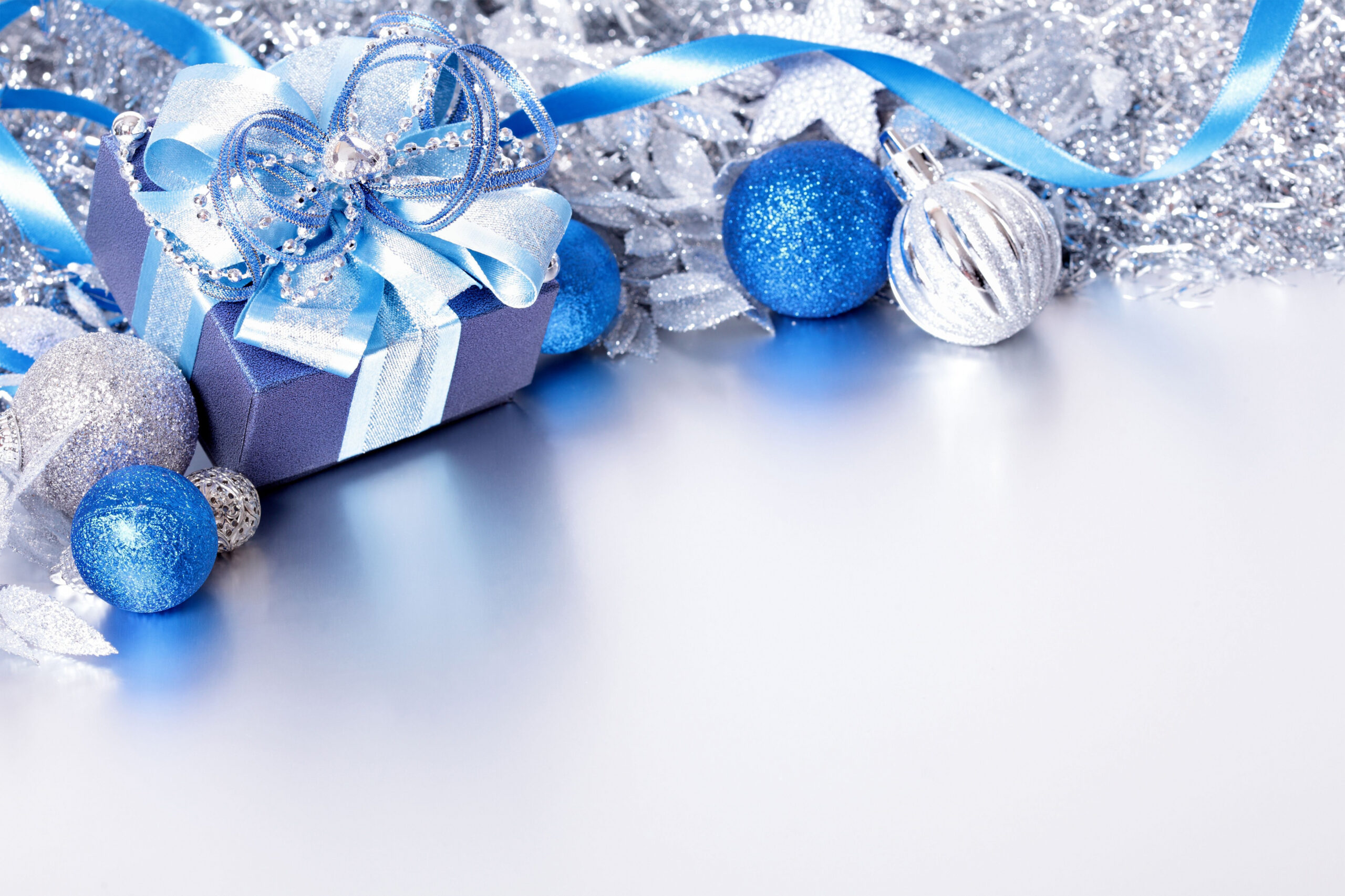 Silver and Blue Christmas Background with Gift  Blue christmas