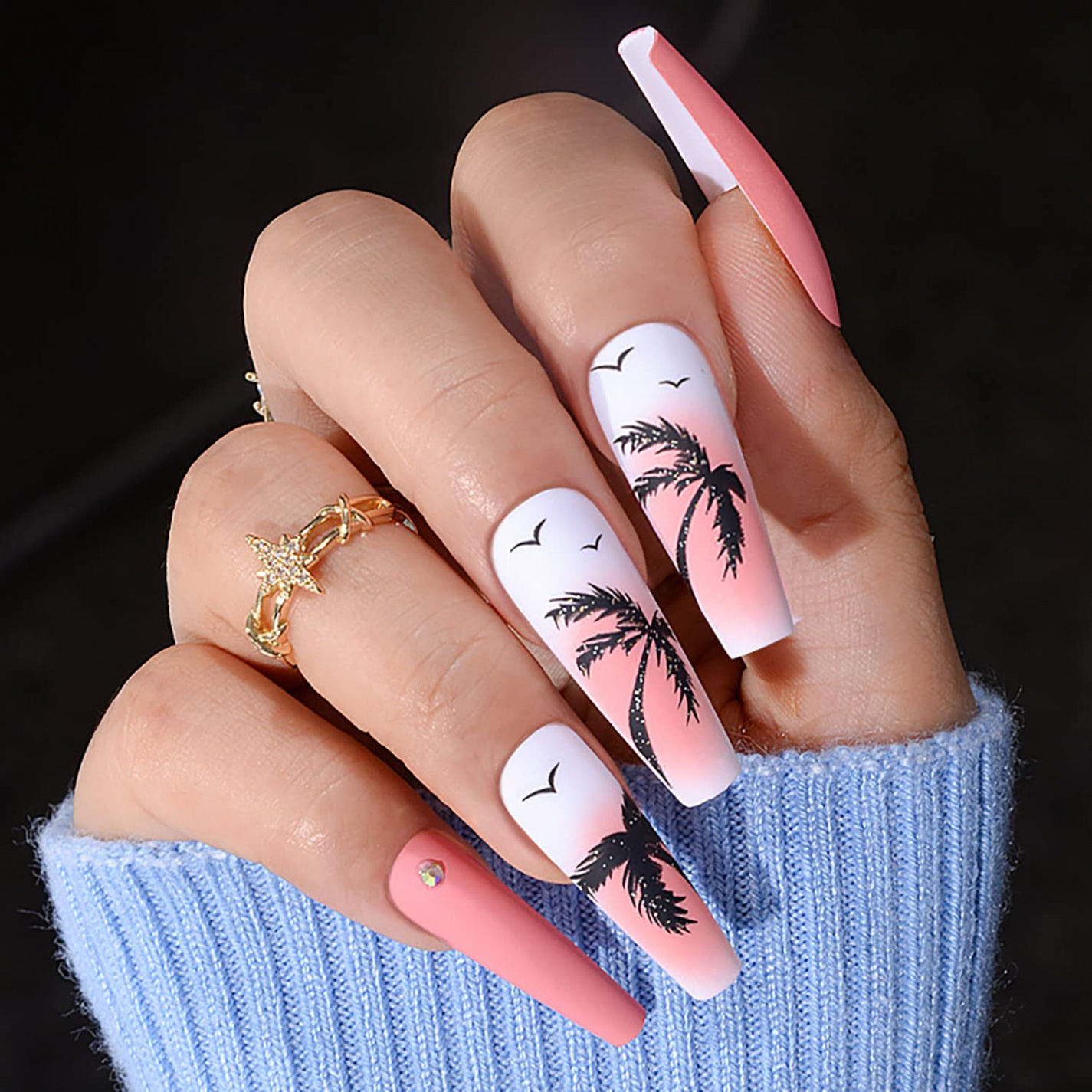 Summer Press on Nails Long Coffin Fake Nails Pink Full Cover False Nails  with Palm Tree Designs Matte Glue on Nails Holiday Acrylic Nails for Women