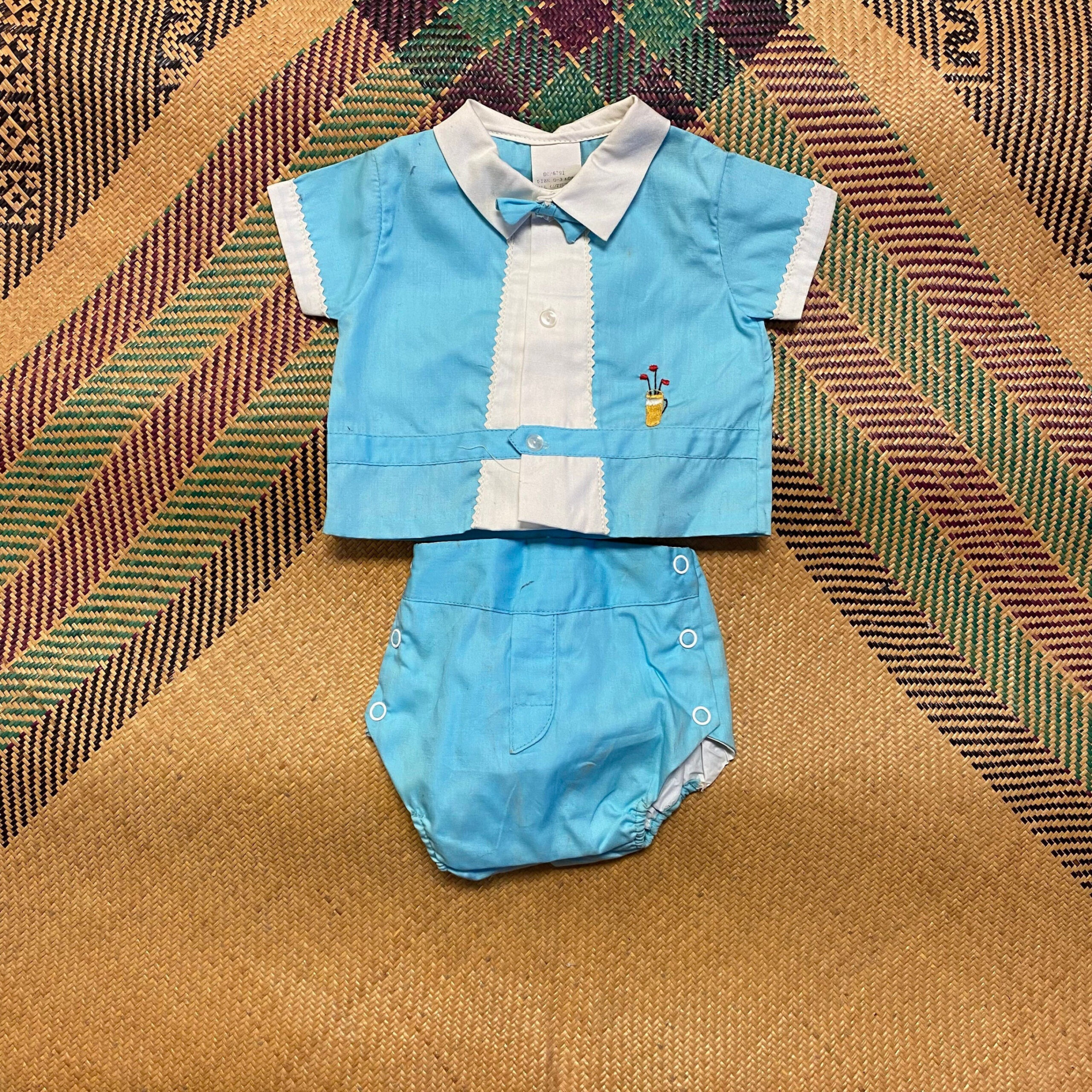 Vintage boys blue  piece baby outfit - month with plastic lined