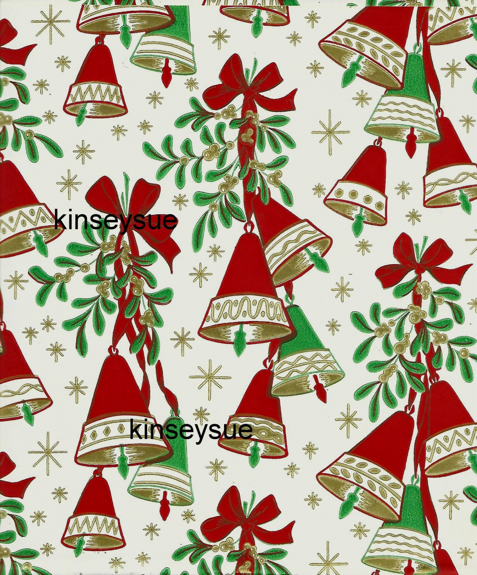 Vintage Christmas Wrapping Paper Red and Green Christmas Bells Gold Trim  Red Ribbons Mistletoe One Flat Sheet s-early s Gift Wrap