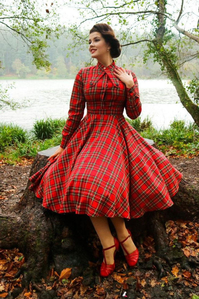 Vintage Inspired s Plaid Wool Dress, Long Sleeves Wool Dress