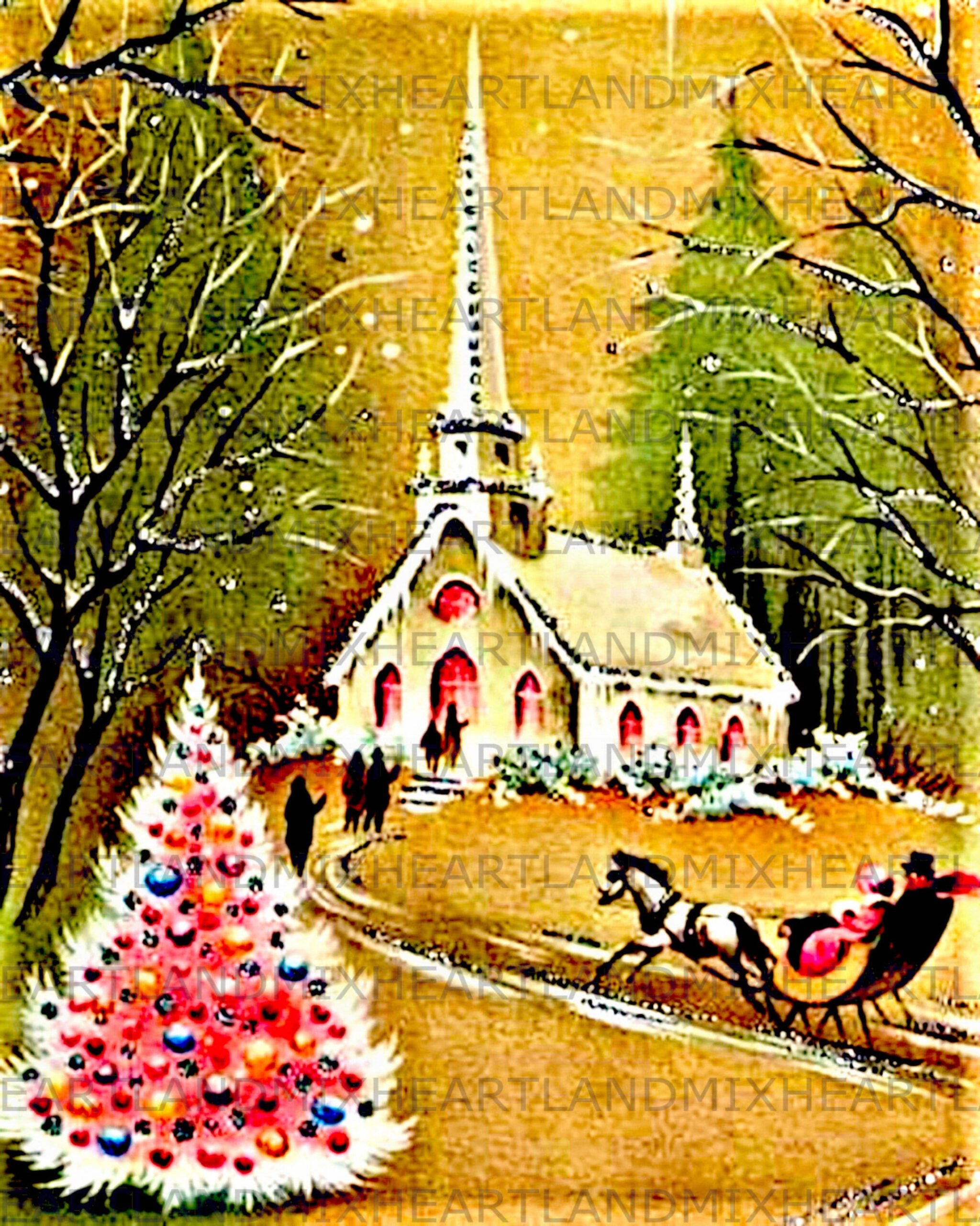 Vintage Weihnachten ländliche Kirche Szene rosa Baum Bild  Geschenkanhänger/Karte Digital druckbare Shabby Chic Download