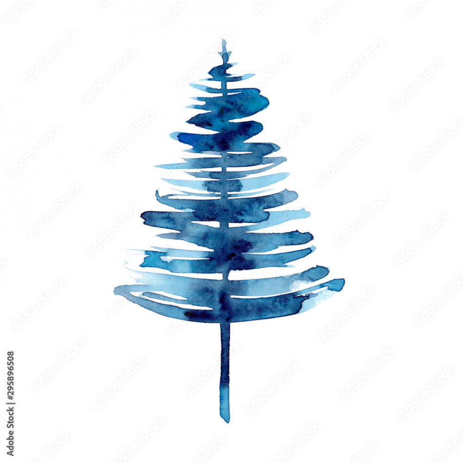 Watercolor winter blue christmas tree isolated on white background