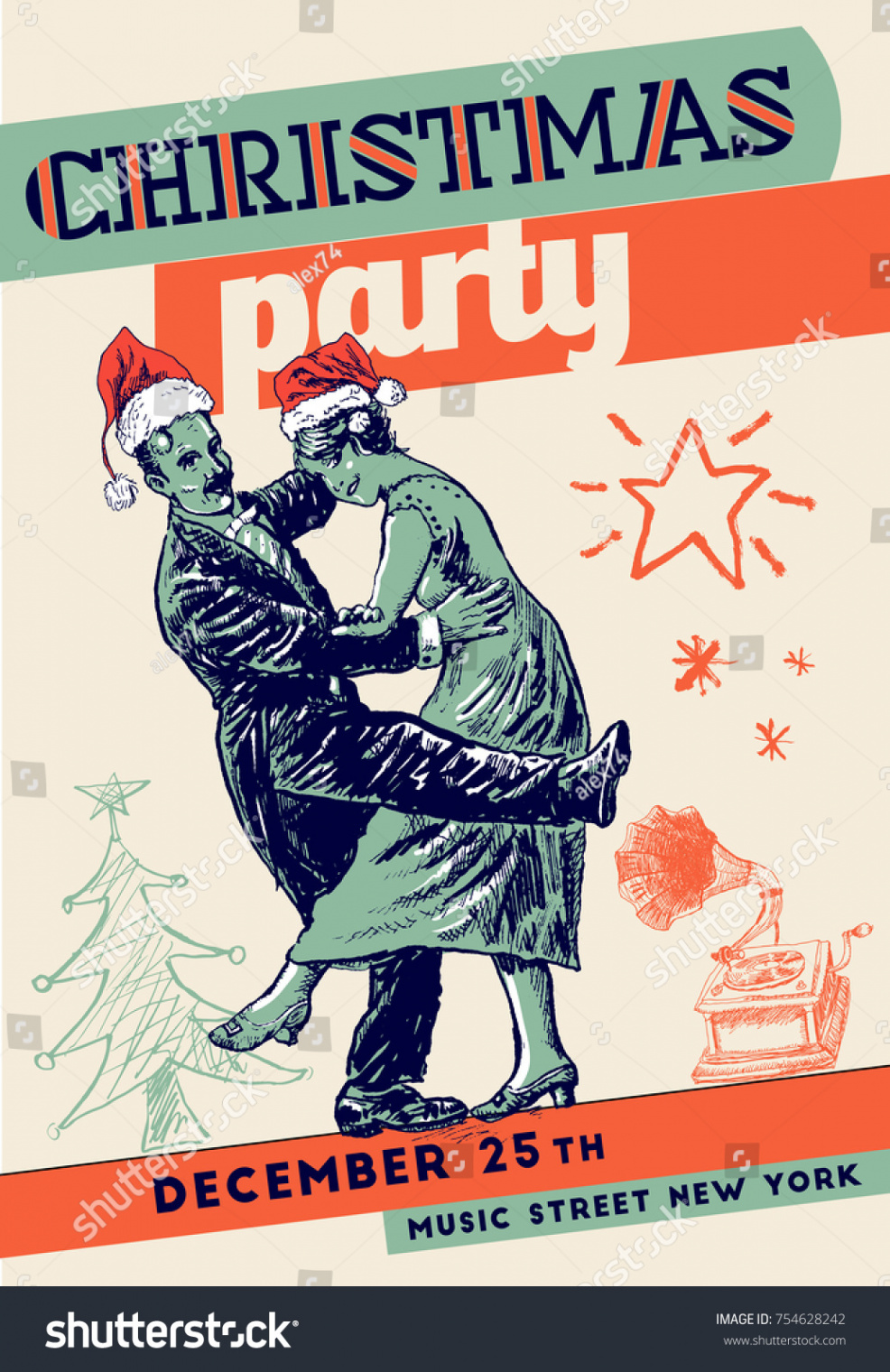 Weihnachts-Retro-Party-Plakatvorlage.Private Tänzer