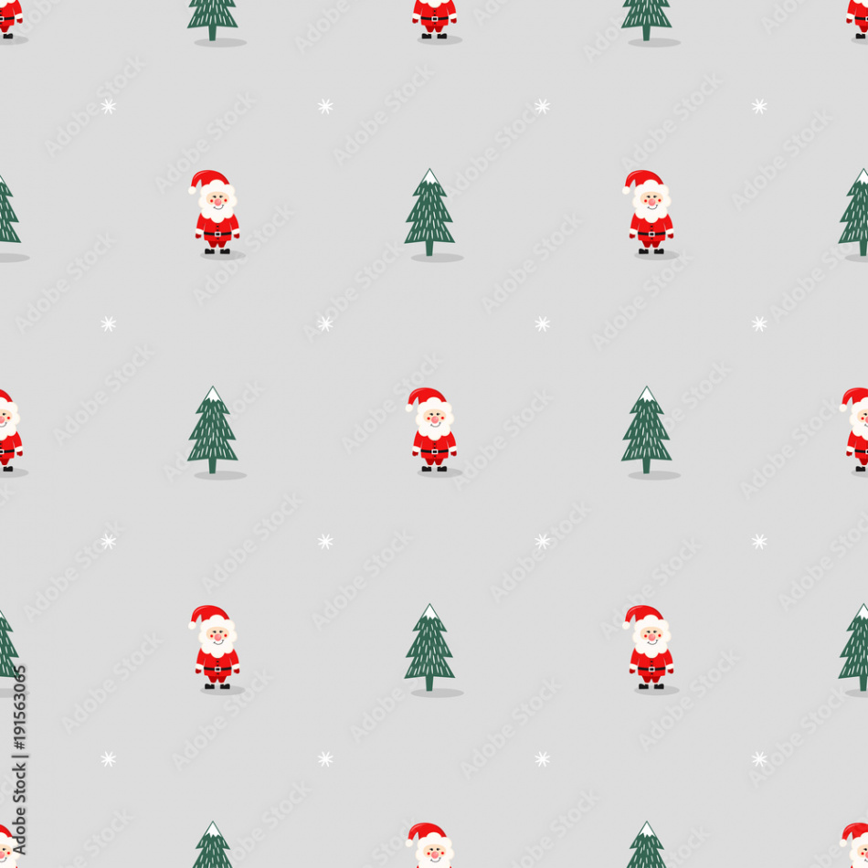 Xmas tree, Santa Claus and snowflakes cute seamless pattern on