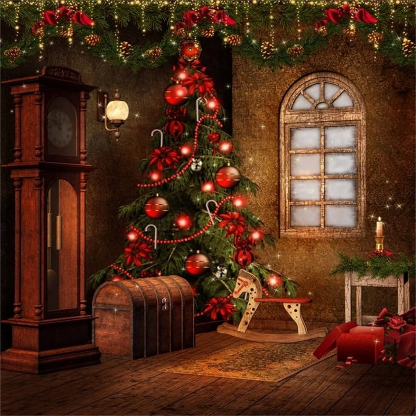 YongFoto  x  m Photo Background Christmas Tree Red Baubles